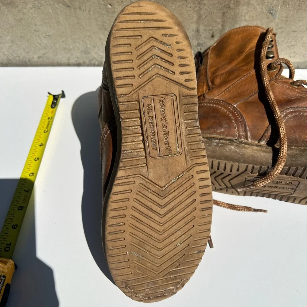 Georgia Boot Tan Leather Work Boots with Black and Red Label